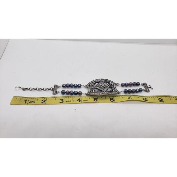 Haley Hill Bracelet Purple Gray Freshwater Pearl & Rhinestones Art Deco Signed - Picture 7 of 13